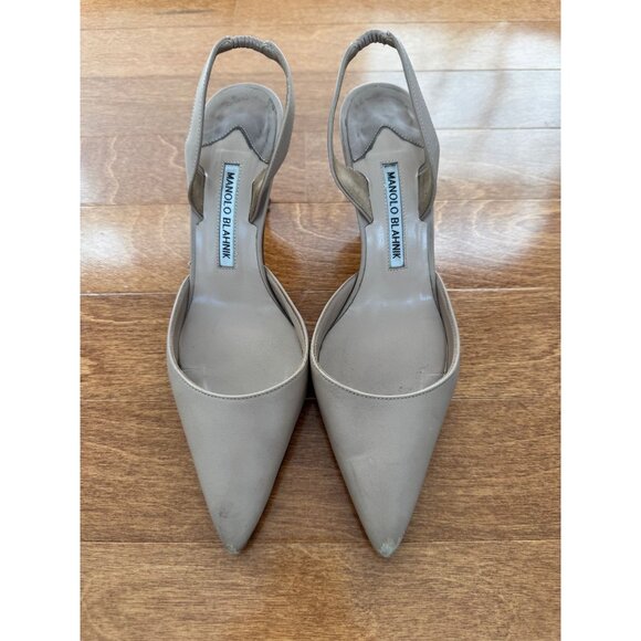 Manolo Blahnik Taupe Leather Slingback Pointed-Toe Heels Size 38 - Picture 1 of 13